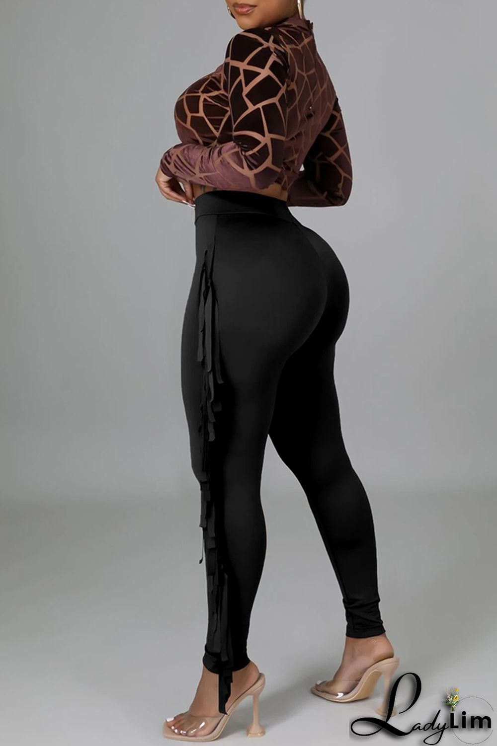 Black Fashion Casual Solid Tassel Regular High Waist Pencil Trousers