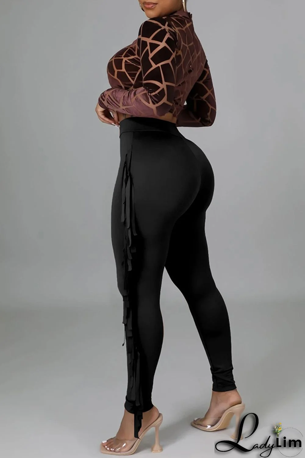 Black Fashion Casual Solid Tassel Regular High Waist Pencil Trousers