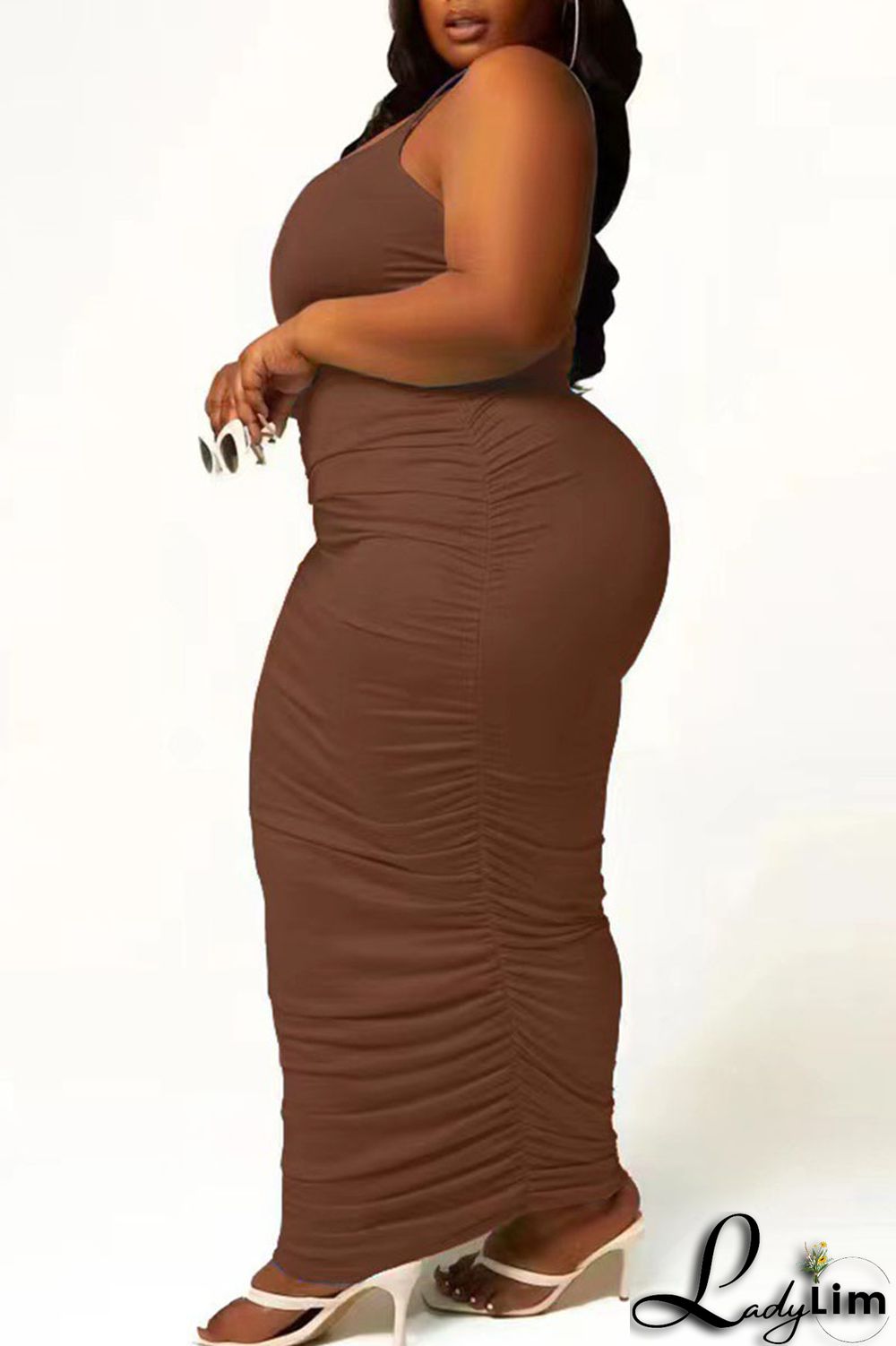 Dark Brown Sexy Solid Patchwork Spaghetti Strap One Step Skirt Plus Size Dresses