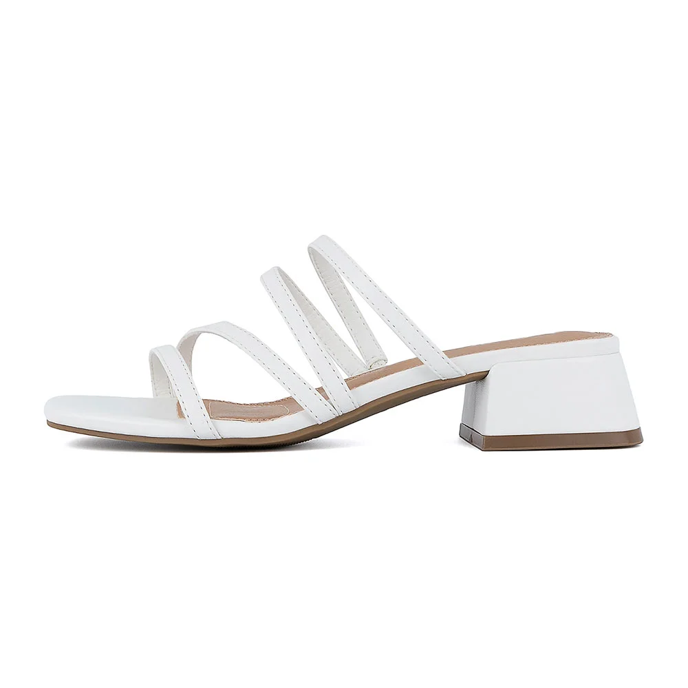 Vegan Leather Strappy Slip On Square Toe White Sandals for Women