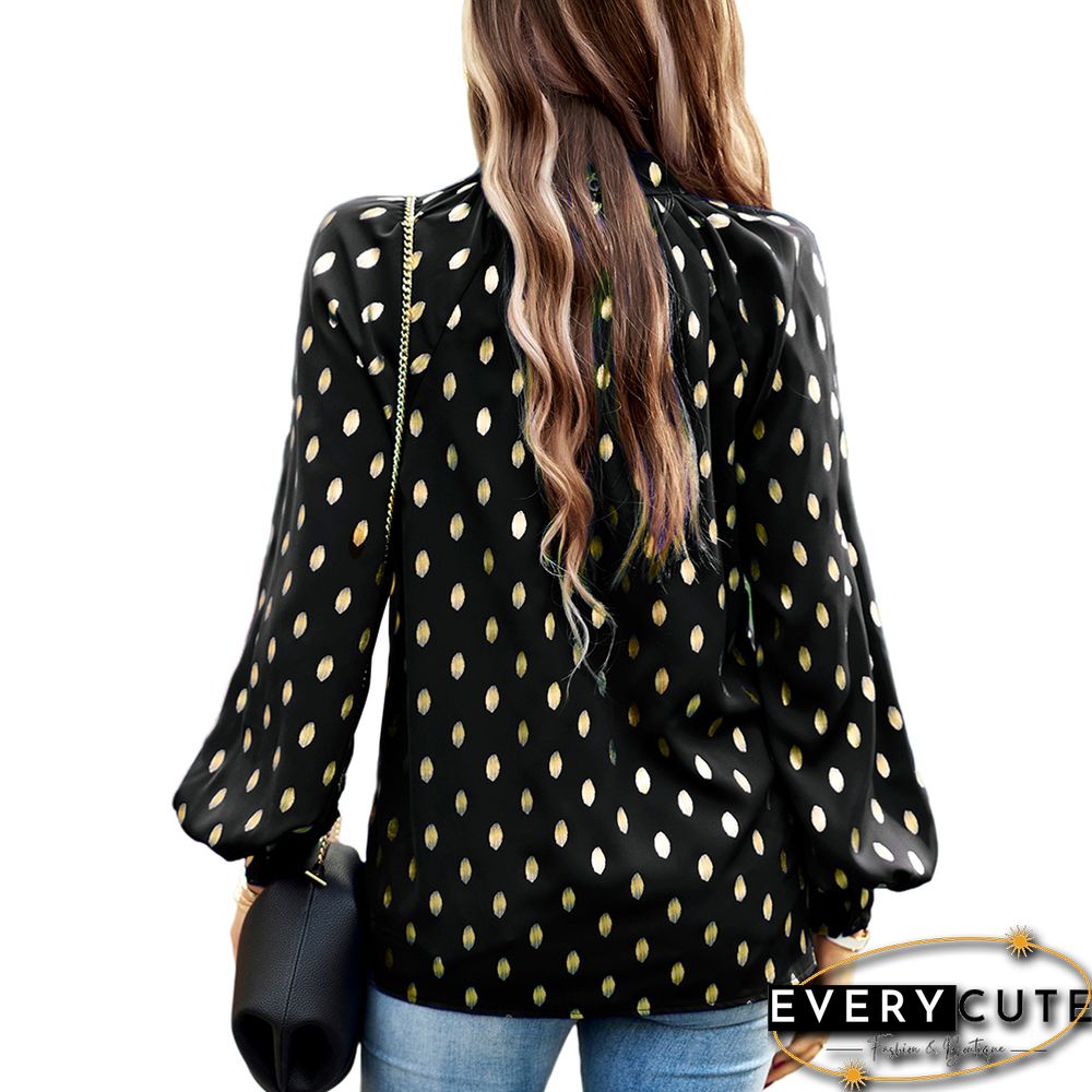 Black Notched Neck Pleated Cuffs Long Sleeve Tops