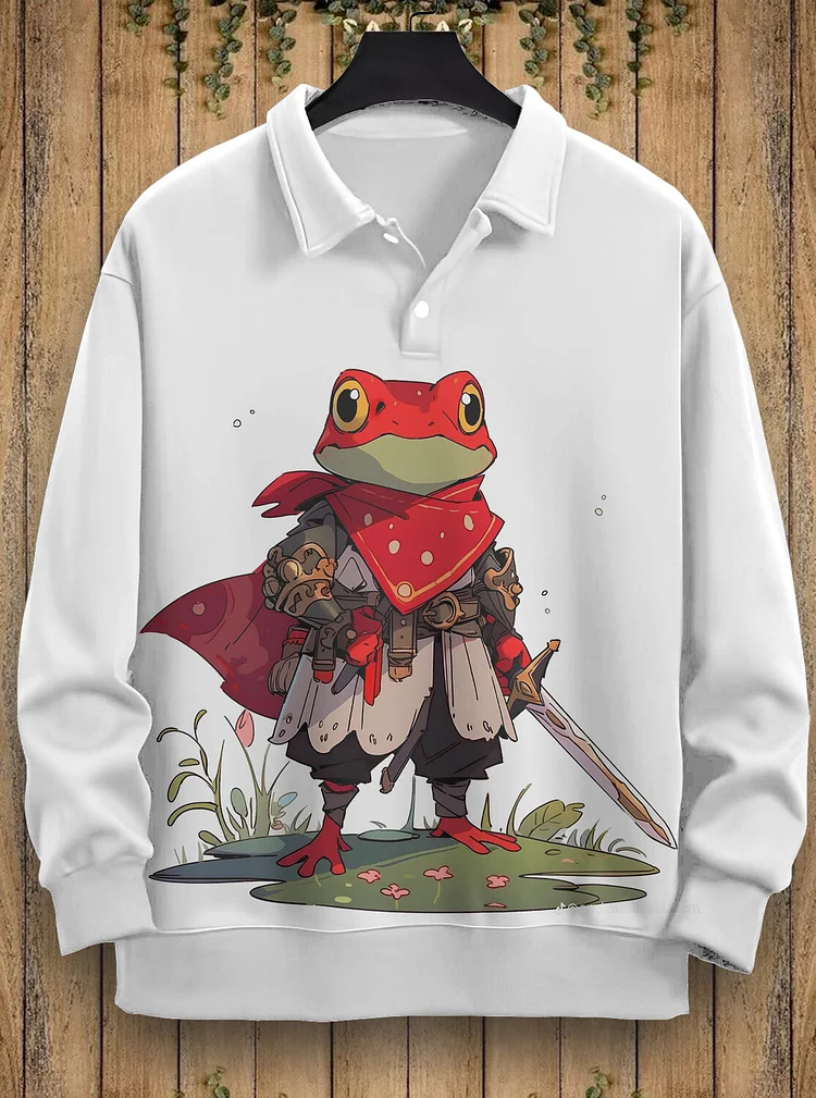Men's Funny Frog Warrior Art Print Casual Polo Sweatshirt