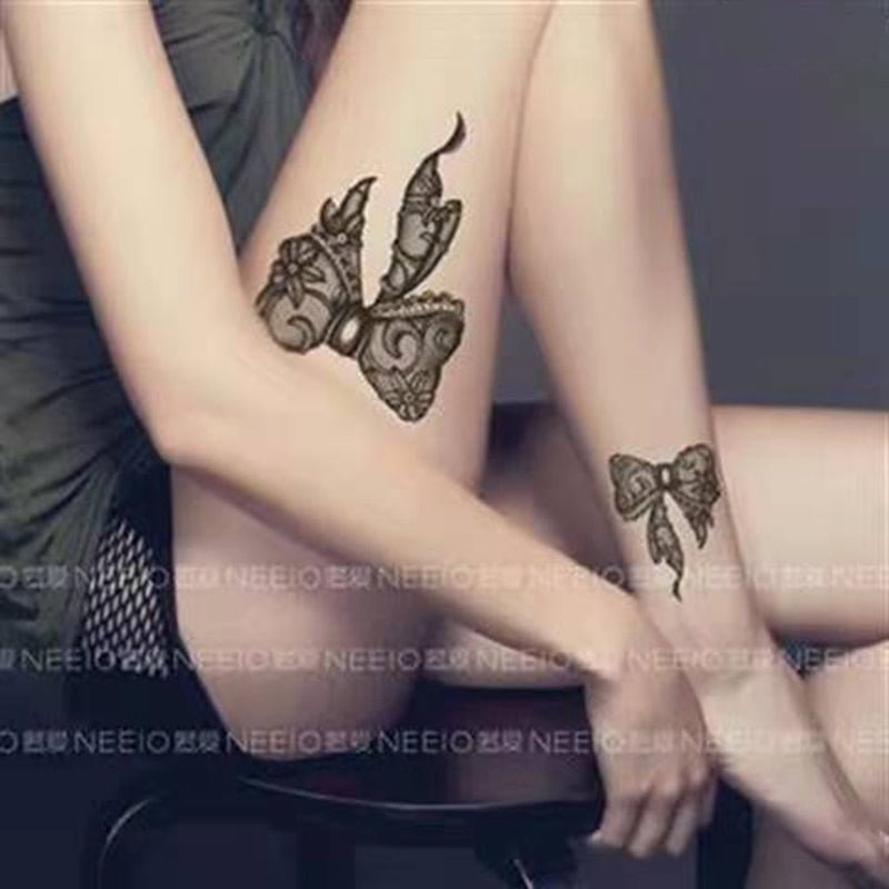 New Black Lace Bow Temporary Tattoo Sticker Waterproof Female Sexy Big Picture Leg Arm Body Art Fake Tattoo Ankle Fashion Tattoo