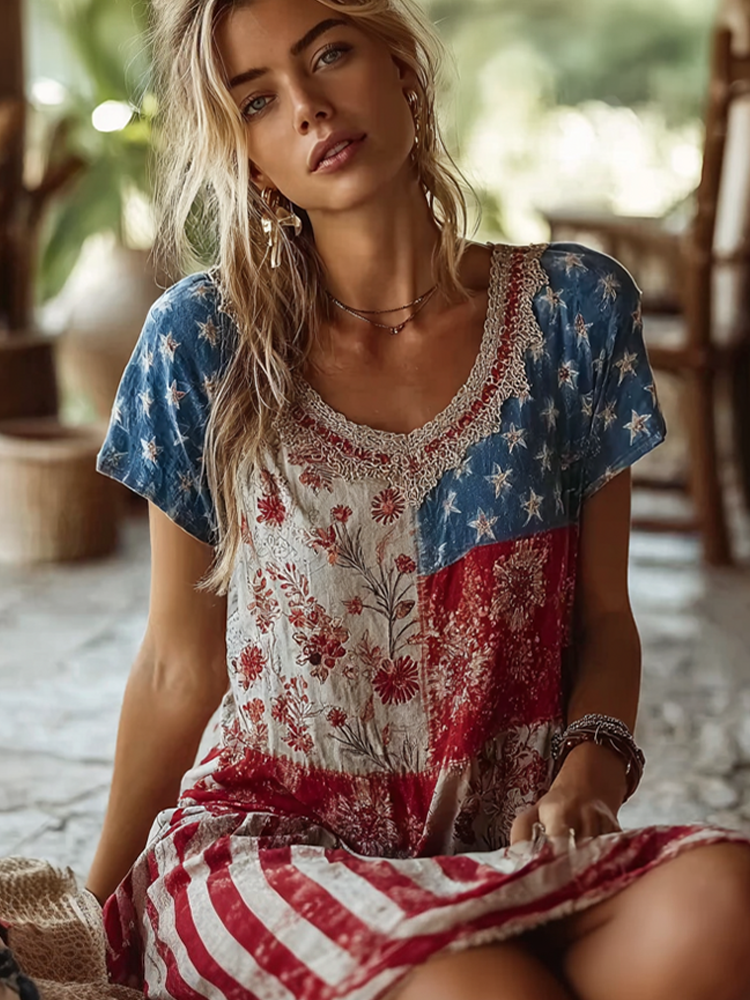 Women's Retro American Flag Element Plant Flower Embroidery Design Short Sleeve Dress Westsshops