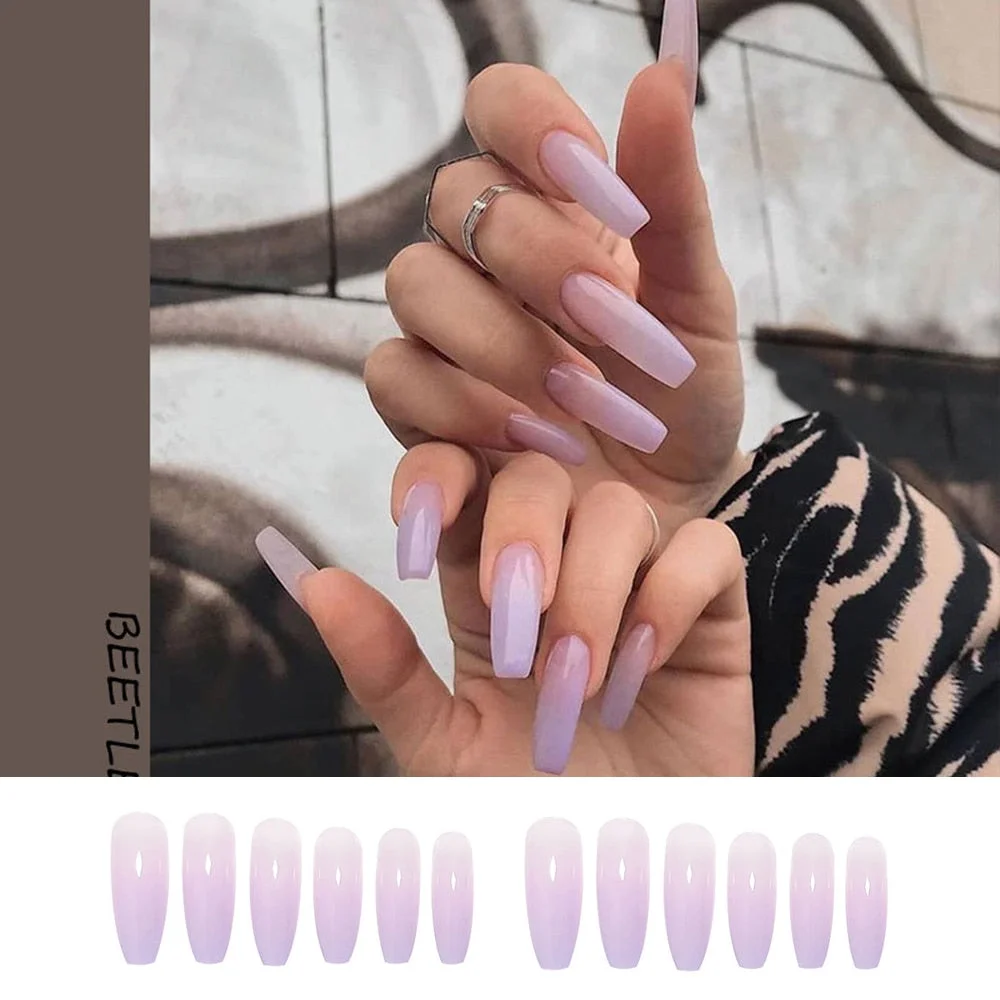 24pcs Naked Purple Gradient False Nails Detachable Ballerina Wearable Artificial Fake Nails Full Cover Long Coffin Nail Tips-Nail Inspo