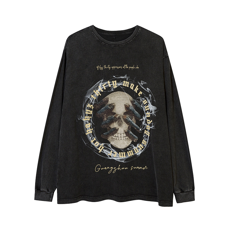 High Version Of Dark Skull Print Washed Long Sleeve T-Shirt