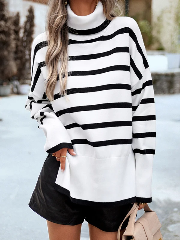 Long Sleeves Loose Contrast Color Split-Side Striped High Neck Pullovers Sweater Tops