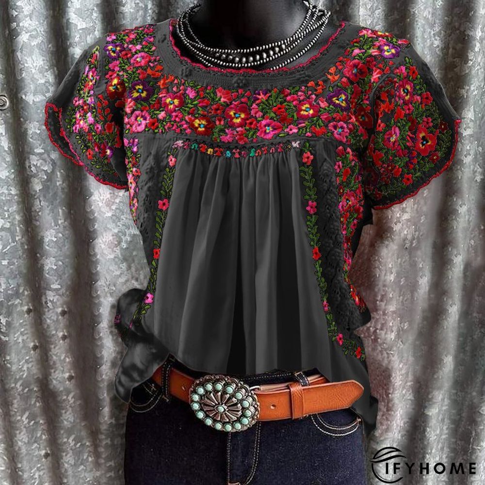 Women's T shirt Tee White khaki Floral Print Short Sleeve Holiday Weekend Basic Round Neck Regular Floral Painting S | IFYHOME