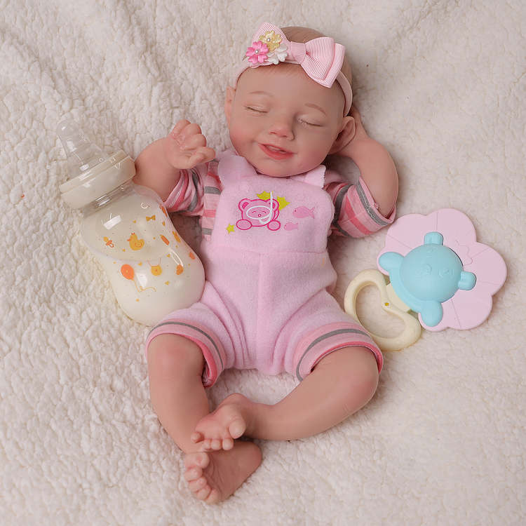 Babeside Olivia 12'' Full Silicone Reborn Baby Dolls Girl That Look Real Sleeping Smiling Pink Bear