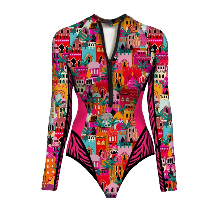 Churchf 2025 New Swimsuit Women's Sense Sports Long-Sleeved Printed Surf Swimsuit