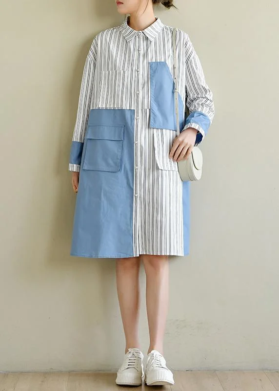 French Blue Cotton Dress Striped Patchwork Dress