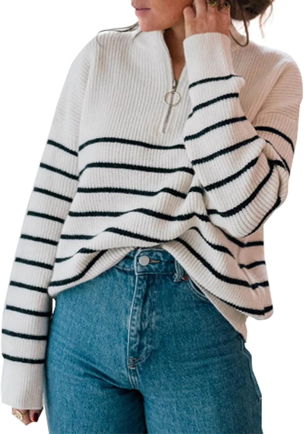 Mongw Mongw And Winter Women's Sweater Fashion Women's Long Sleeve Knit Zip Striped Pulper