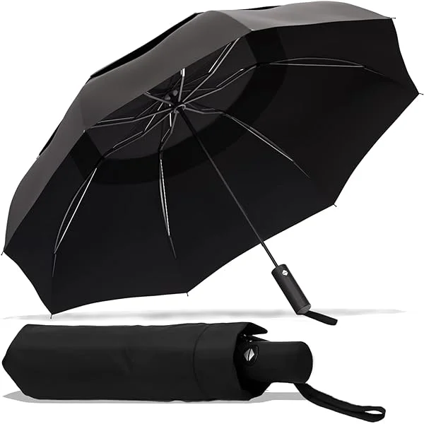 MOM Selected Windproof Travel Umbrella,Portable Umbrella with one Button for Auto Open and Close, Folding Umbrella with Inverted Design & Anti-bounce Closing Umbrella, Double Vented Canopy for Men & Women 45.7“ Black