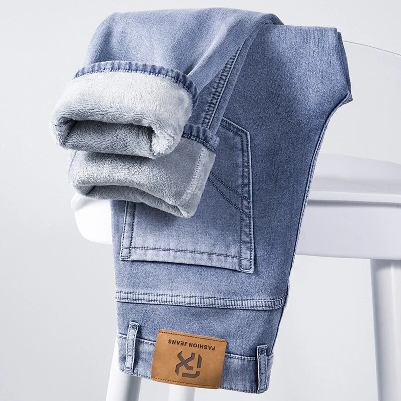 Koblaban Winter Brand Fleece Thick Warm Fit Straight Stretch Jeans Classic Fashion Casual Youth Men's Slim Jeans Black Gray Blue 2024