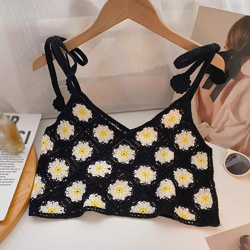 Summer Women's V-Neck Knitted Small Tank Top With Daisy Embroidery Contrasting Color Hollow Lace Up Sweet Top