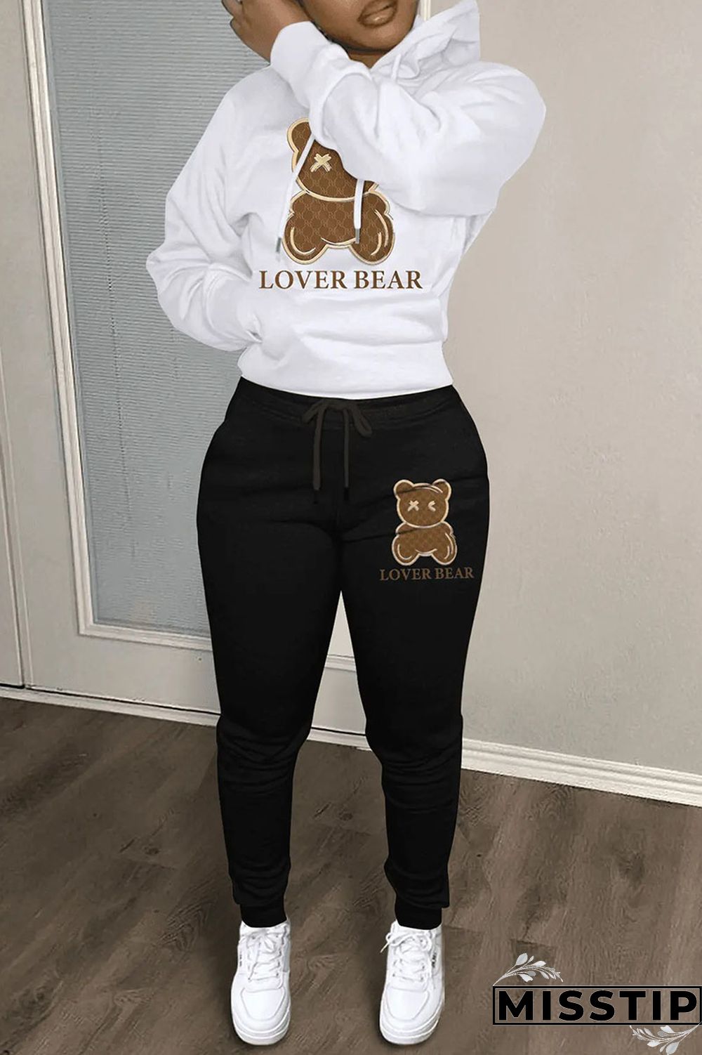 Black And White Casual Print Patchwork Hooded Collar Long Sleeve Two Pieces