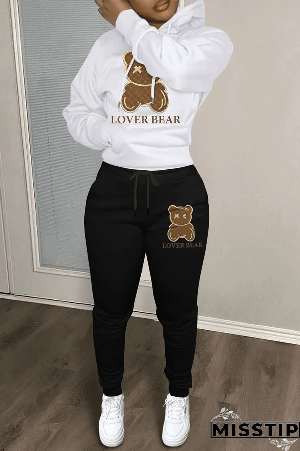 Black And White Casual Print Patchwork Hooded Collar Long Sleeve Two Pieces