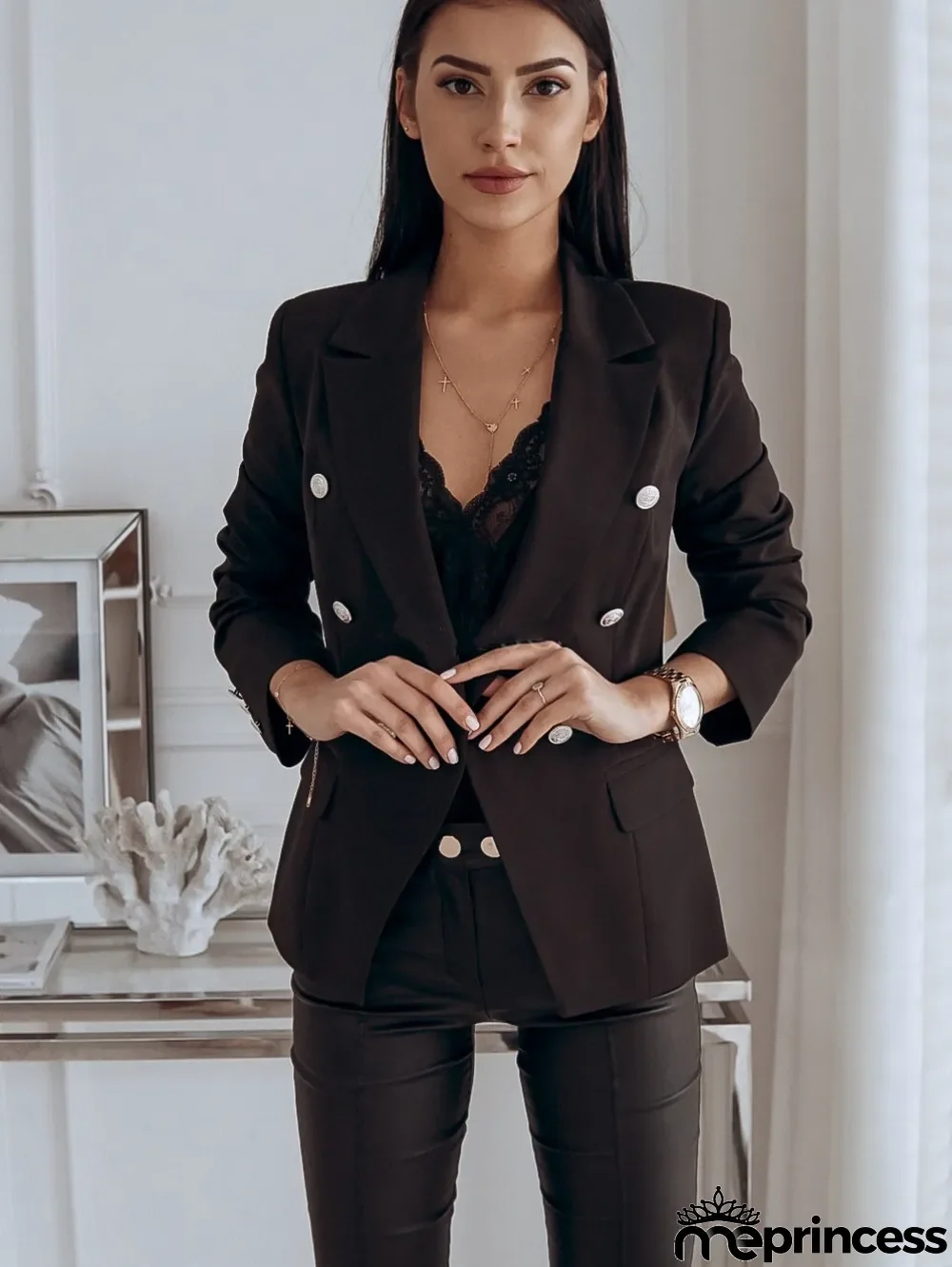 Spring Office Elegant Solid Color Button Blazer