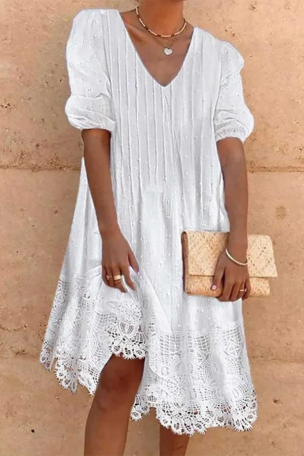 Casual Crinkle Pleated Lace Patchwork V Neck Midi Dress