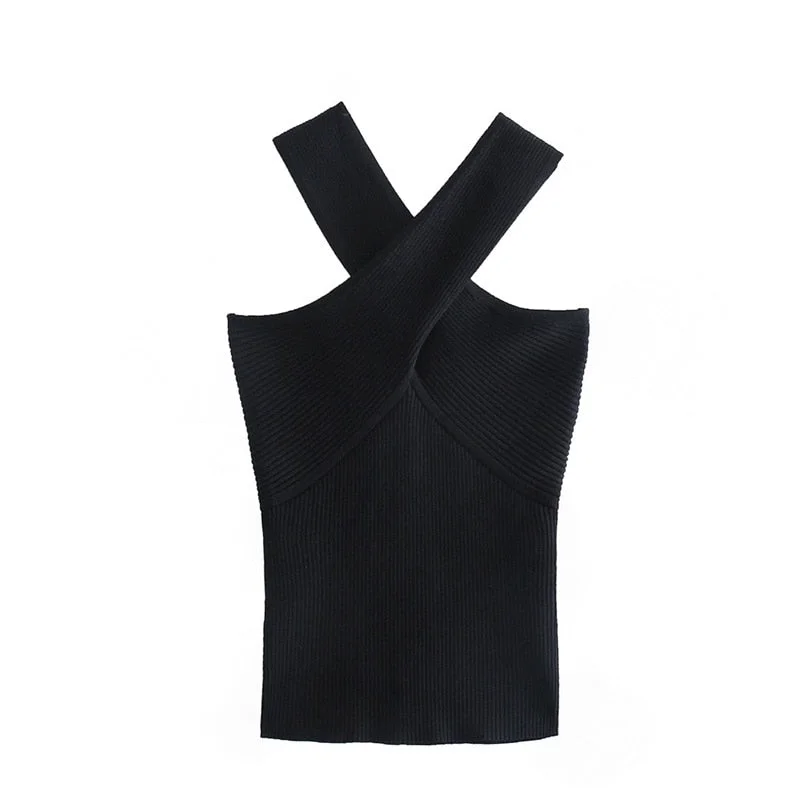 TRAF Women 2021 Fashion Cross Shoulders Off-The-Shoulder Vest Knit Thin Section Solid Color Sleeveless Knit Top Streetwear
