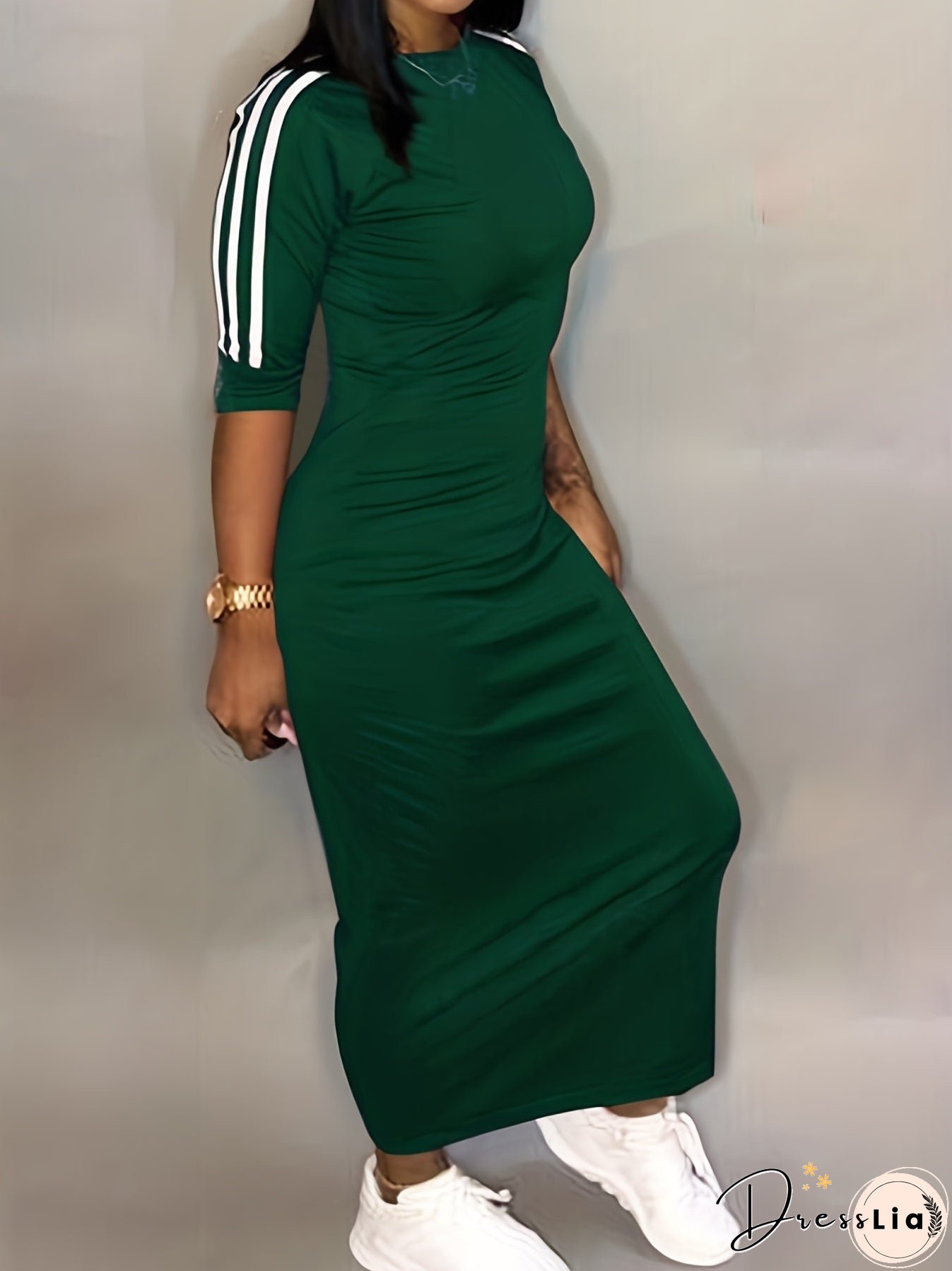 Striped Print Maxi Dress, Casual Crew Neck Dress For Spring & Summer, Women's Clothing