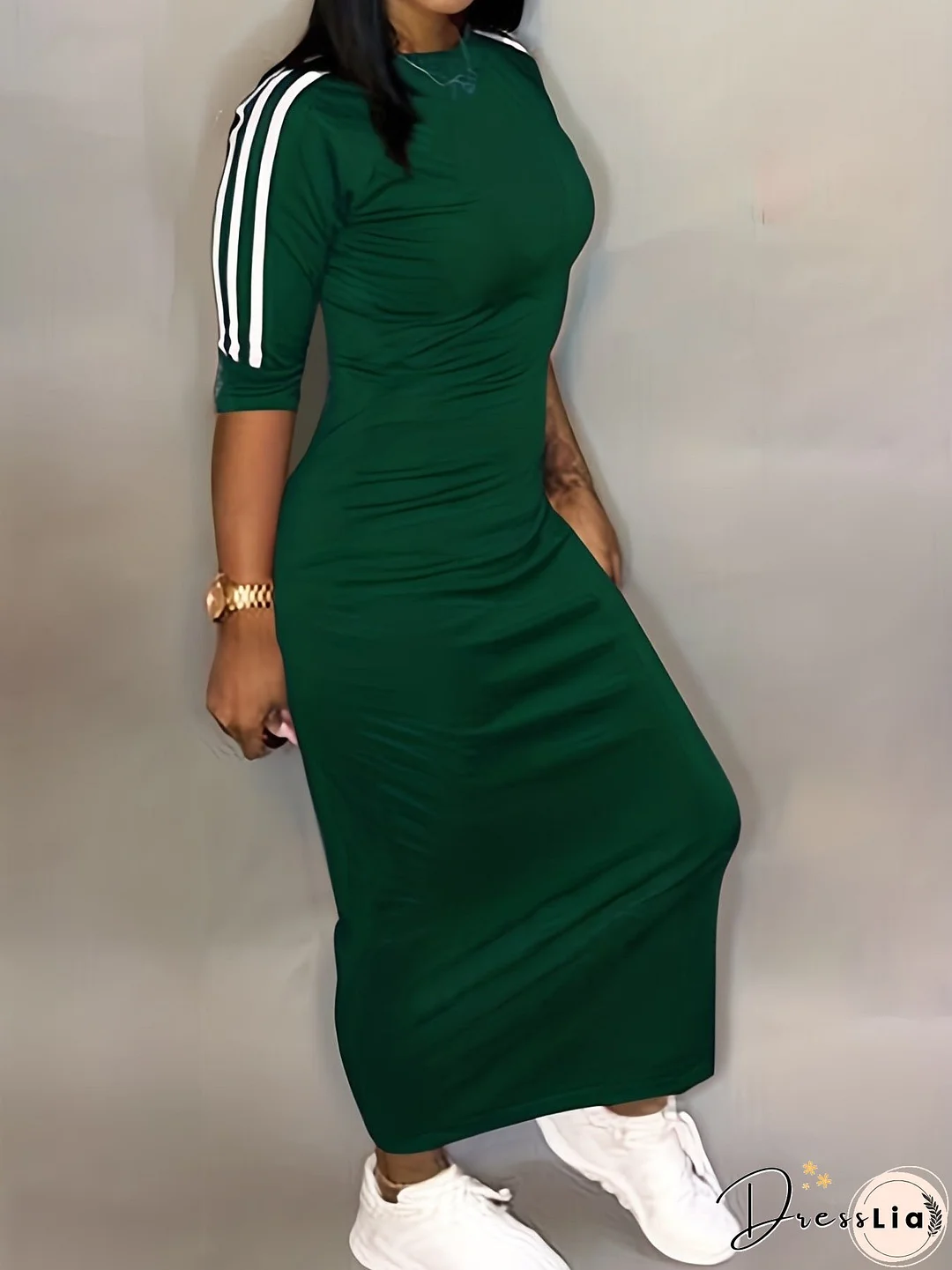 Striped Print Maxi Dress, Casual Crew Neck Dress For Spring & Summer, Women's Clothing