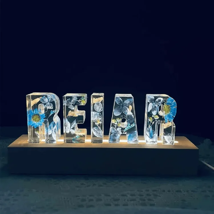 Personalized Dried Flowers Night Light Real Flower Resin LED Lamp Custom 4 Letters