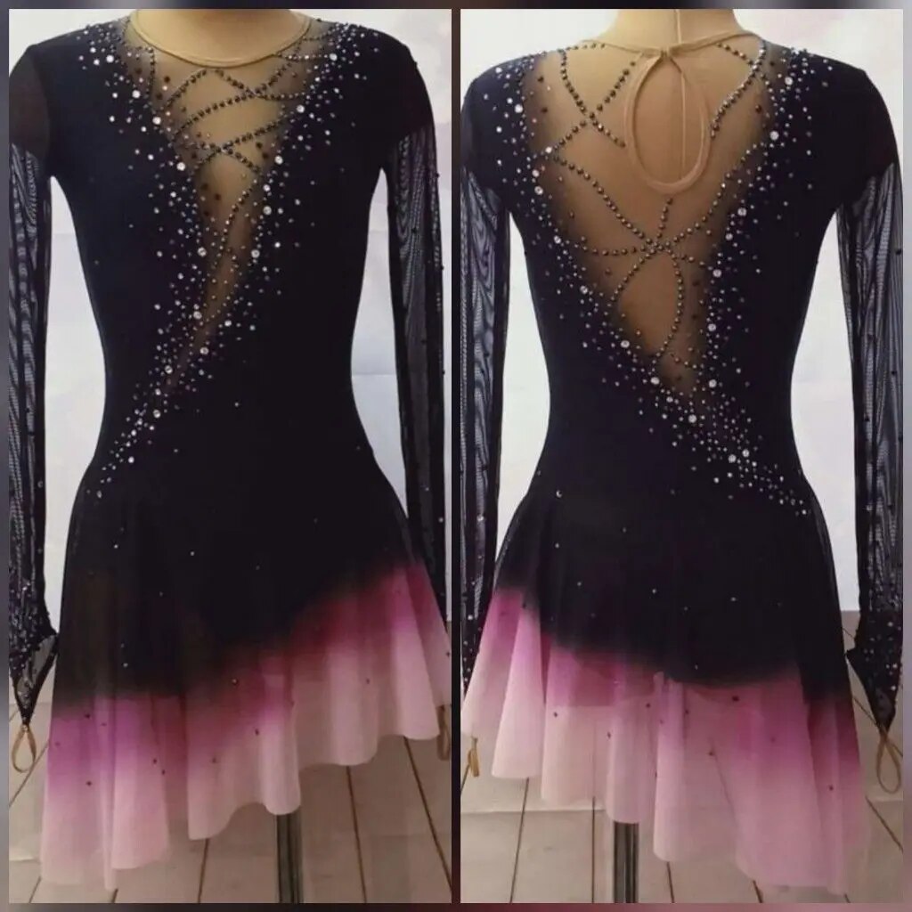 Ice Figure Skating Dress Girls Black Mesh Long-sleeved Competition Performance Training Clothes Children Adults
