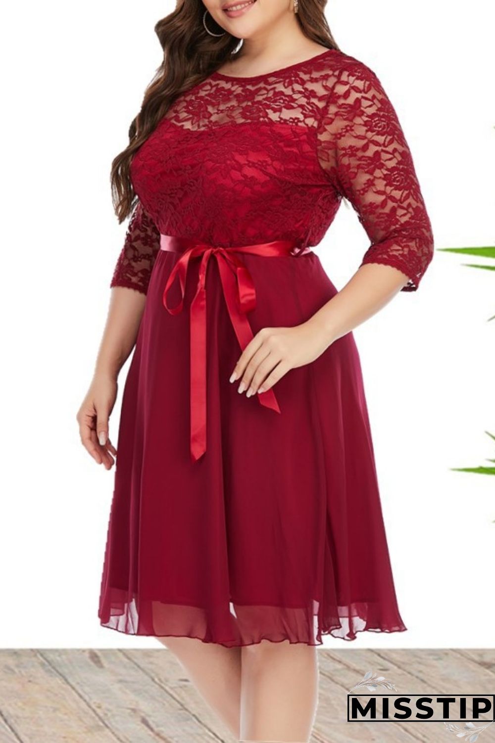 Burgundy Casual Solid Patchwork O Neck A Line Plus Size Dresses