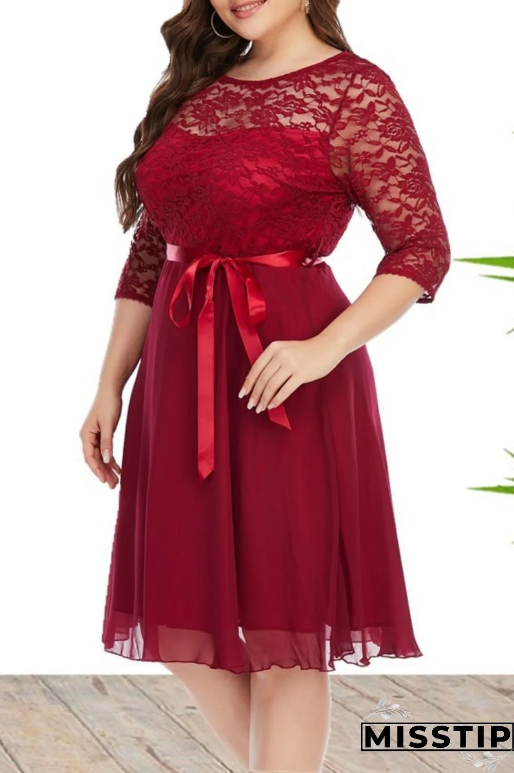 Burgundy Casual Solid Patchwork O Neck A Line Plus Size Dresses