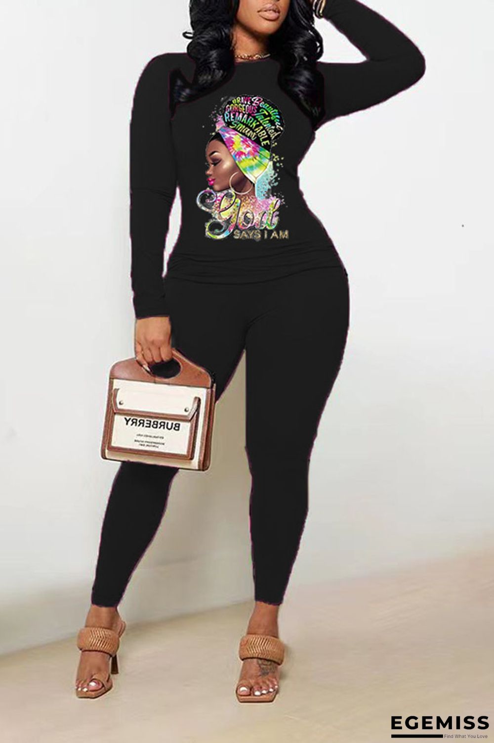 Black Casual Print Patchwork O Neck Long Sleeve Two Pieces | EGEMISS