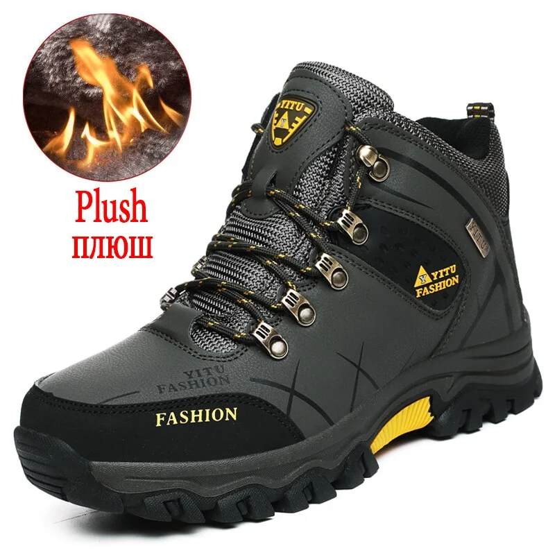 Brand Men's Snow Boots Winter Plush Warm Mens Ankle Boots Waterproof Leather Sneakers Outdoor Male Hiking Boots Work Shoes 39-47