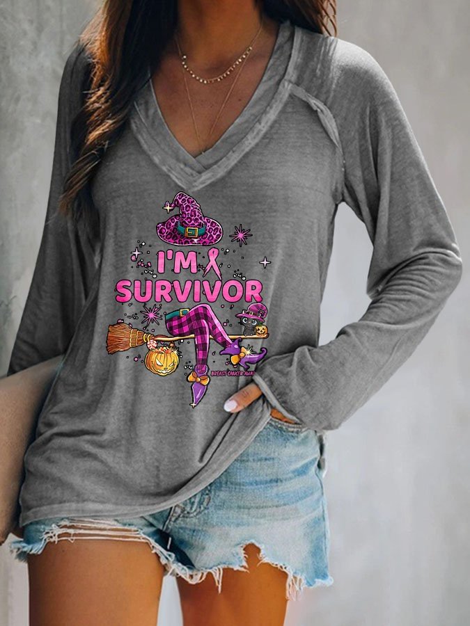 Breast Cancer Awareness I&#039;M Survivor Halloween Witch Print T-Shirt