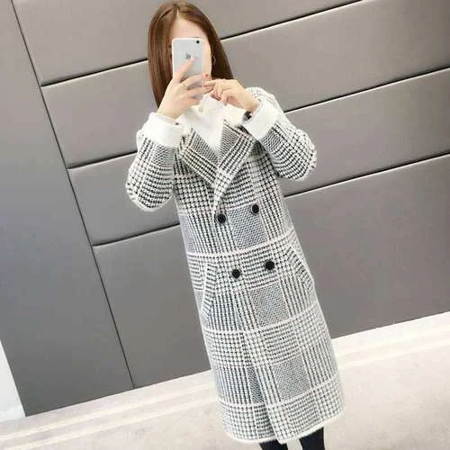 Non-shedding mid-length plaid coat autumn and winter thickening imitation mink velvet jacket female Korean loose cardigan