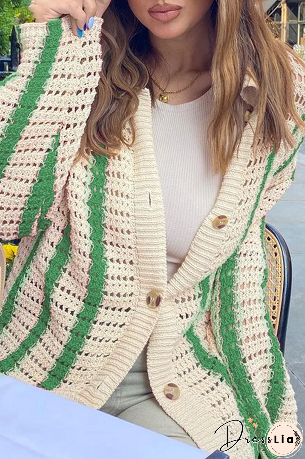 Fashion Street Striped Split Joint Buckle Turndown Collar Tops