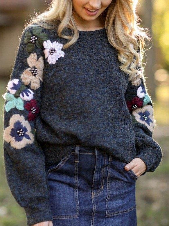 Floral Embroidery Casual Round Neck Sweater | EGEMISS