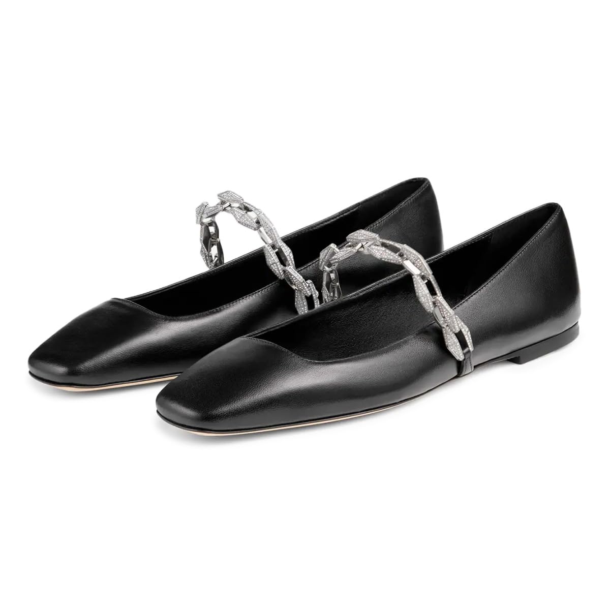 Black Rhinestone Chain Strap Square Toe Flat Shoes for Women Nicepairs