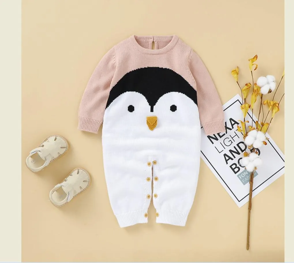 hot sale cartoon penguin shape baby one-piece robe romper Knitted Long Sleeve Sweater Winter Warm Jumpsuits
