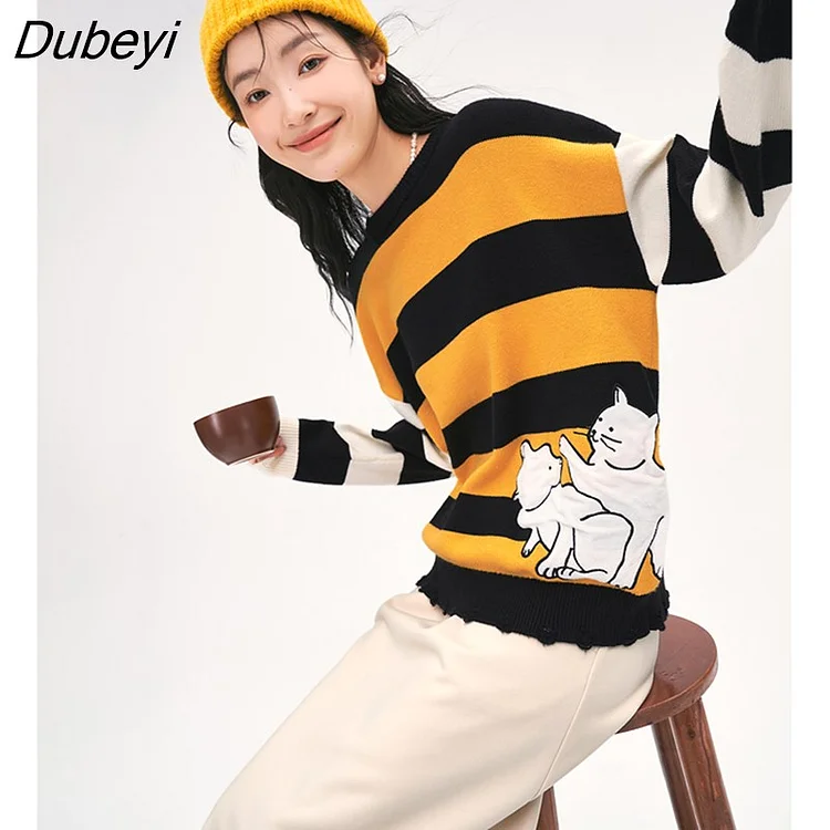 Dubeyi Women Sweater 2022 Winter Long Sleeve O Neck Loose Knitted Pullover Three Color Stripes 3D Cat Print Warm Casual Tops