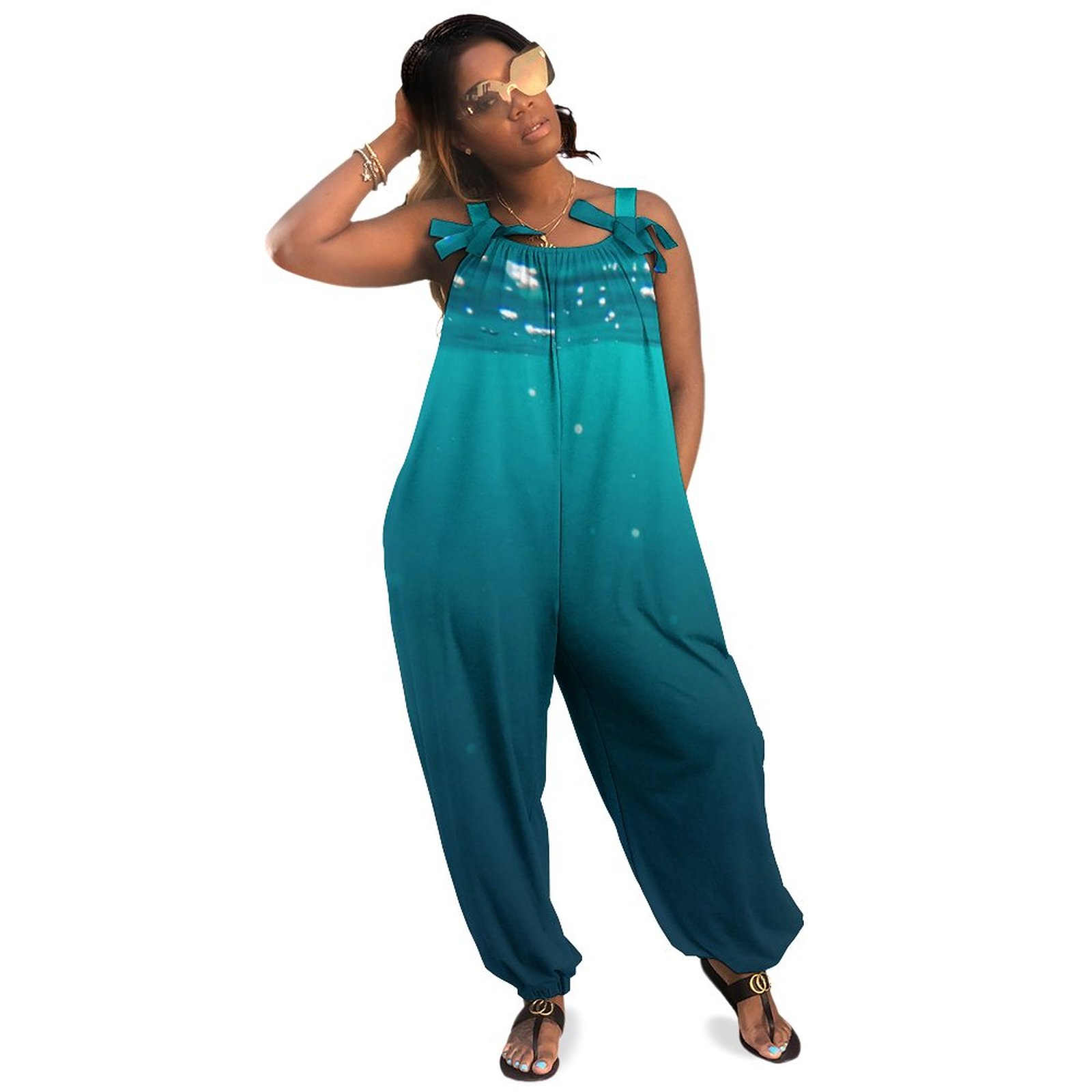 Underwater Colors Plus Size Women Rompers Summer Casual Loose Halterneck Sleeveless Art Print Jumpsuit Boho Pockets Polyester Spandex