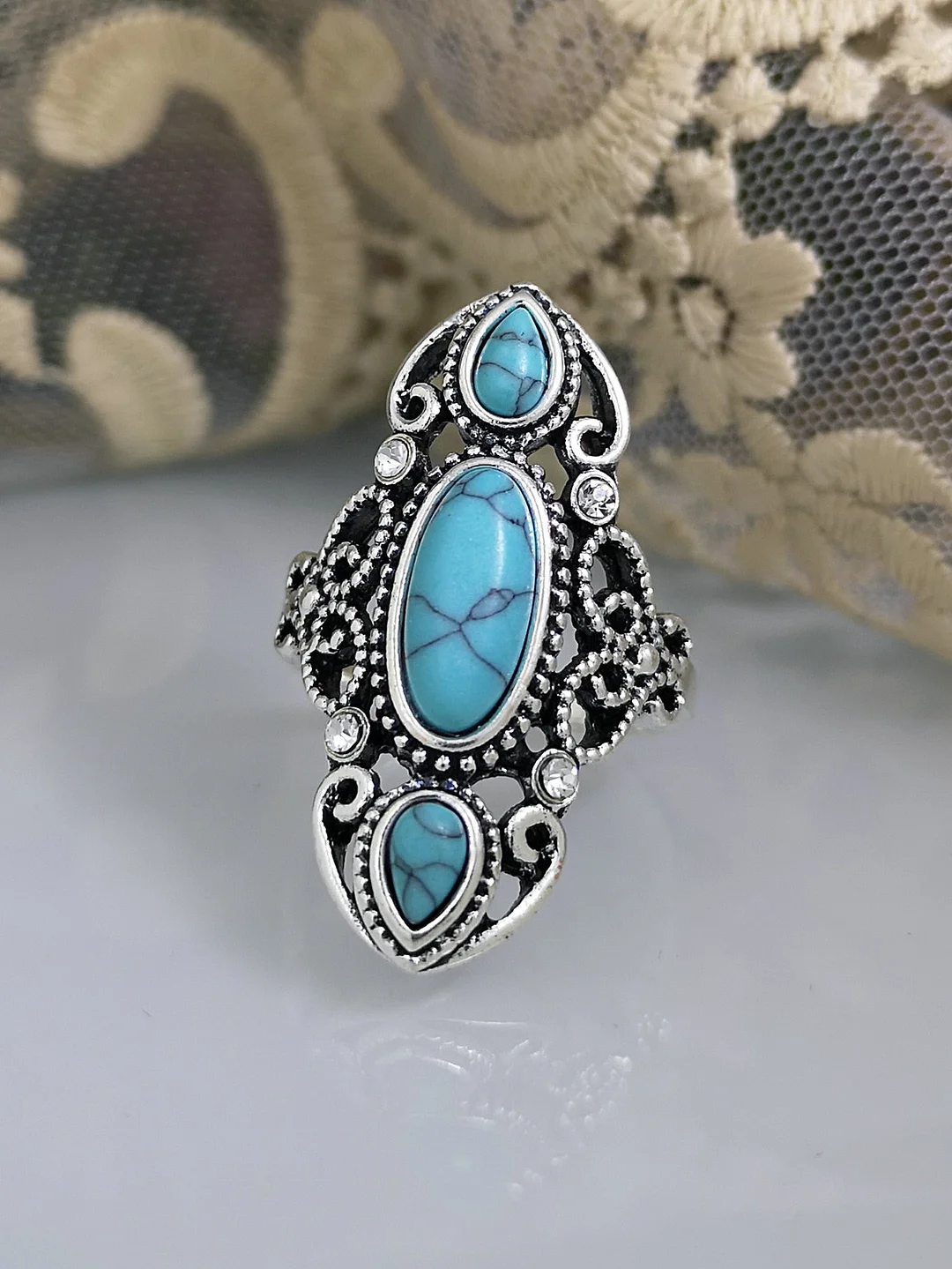 Cifeeo  Retro Ring Creative Hollow Out Carved Lapis Lazuli Flower Band Vintage Filigree Ring Boho Ethnic Jewelry Male Women