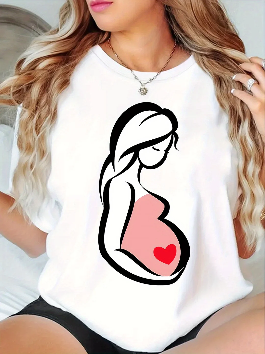 Plus Size Women's Maternity Casual T-Shirt - Soft Round Neck Tee With Heart & Silhouette Design, Perfect For Mother's Day Gift, All-Season Comfort Fit, White, Maternity Clothes 0xl-4xl | IFYHOME