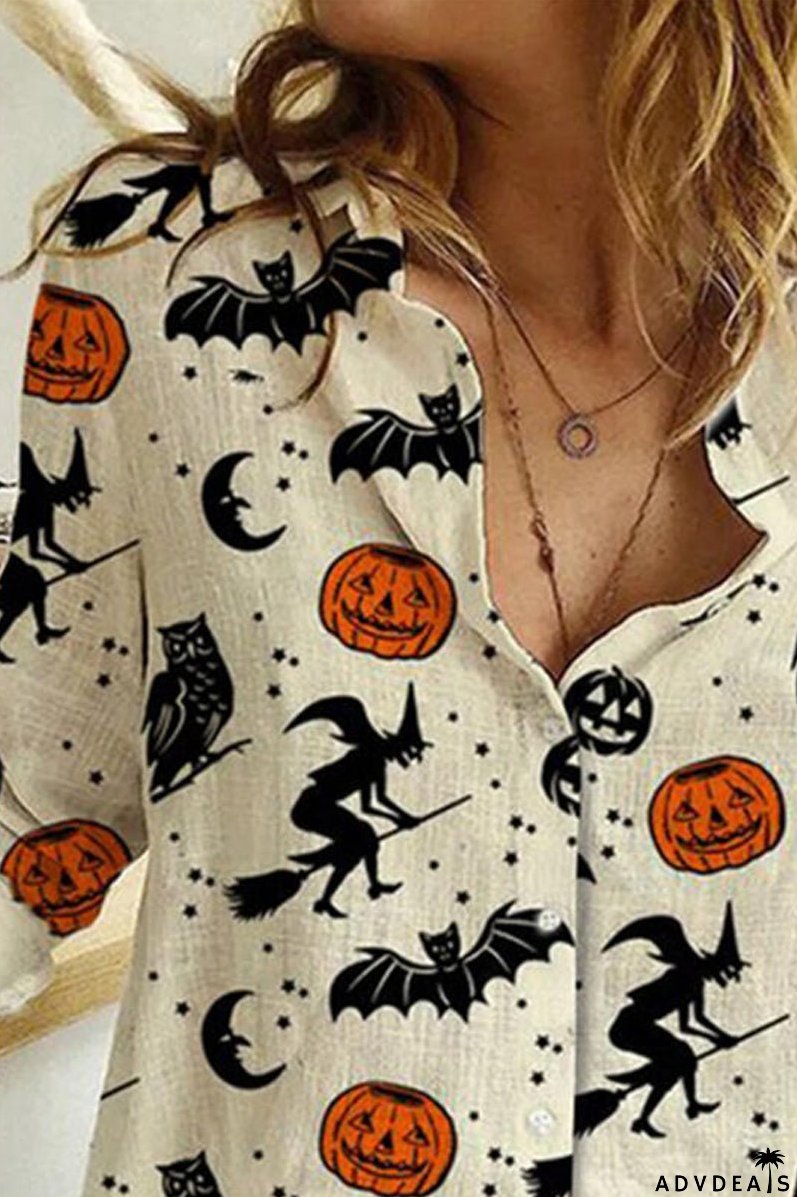Print Lapel Long Sleeves Button Up Casual Halloween Shirt Blouses