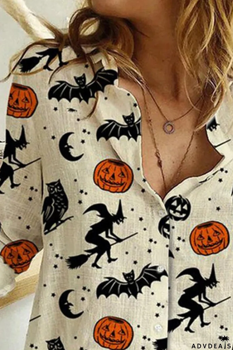 Print Lapel Long Sleeves Button Up Casual Halloween Shirt Blouses