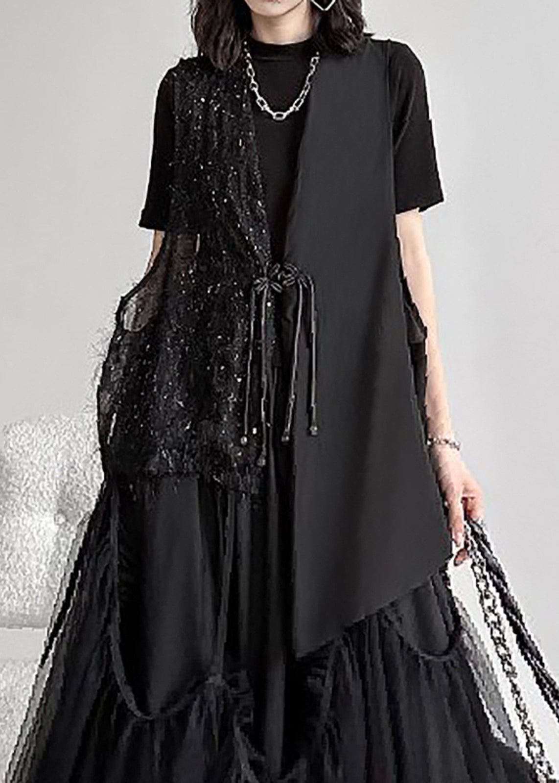 VCSHOES Loose Black Tasseled Chinese Button Patchwork Chiffon Waistcoat Sleeveless