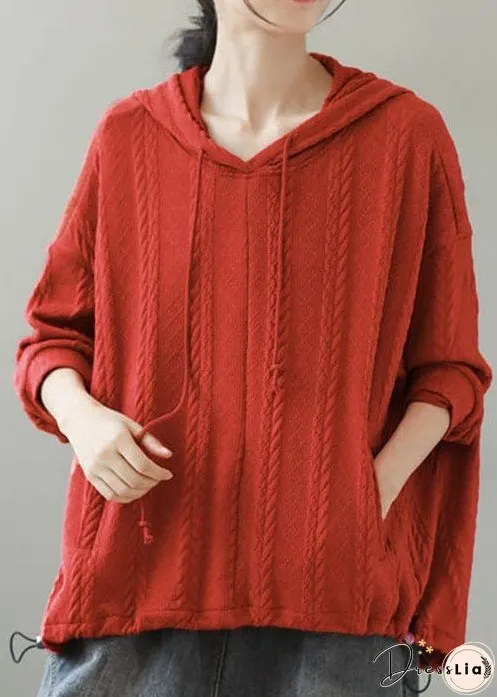 Women Orange Hooded Drawstring Knit Hooded Tops Winter