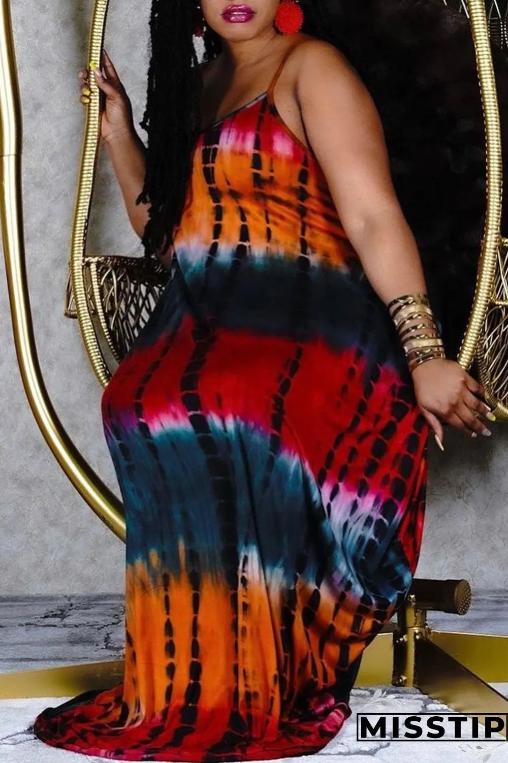 Khaki Fashion Casual Plus Size Print Basic Spaghetti Strap Sleeveless Dress