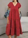 Polka-dot Print V-neck Dress, Elegant Ruffle Hem Short Sleeve Dress For Spring & Summer, Women's Clothing