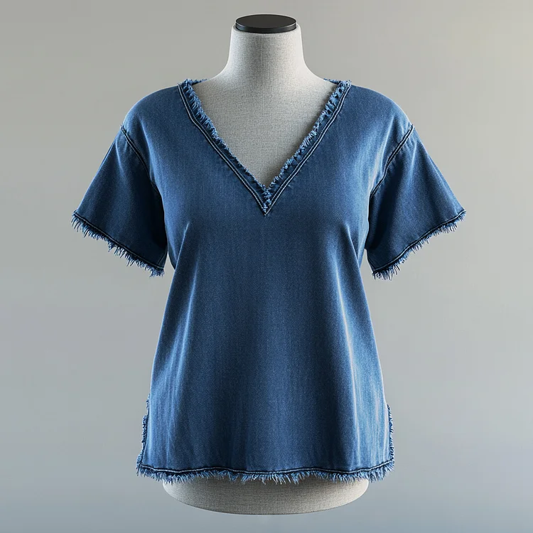 Ursime V Neck Short Sleeve Raw Edge Denim T-Shirt
