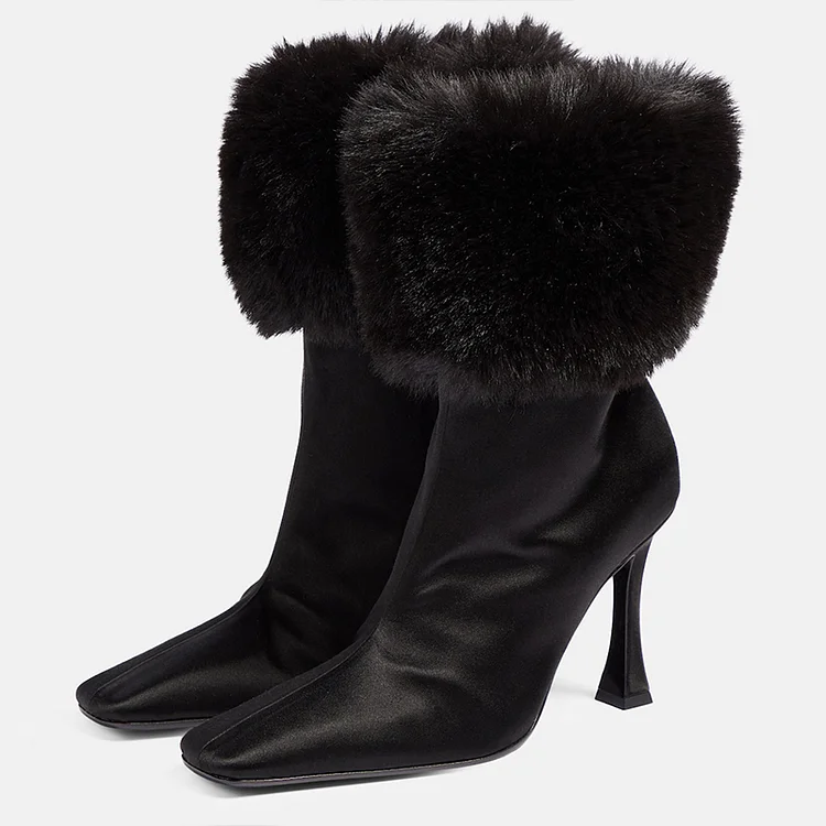 Black Satin Winter Booties Square Toe Flared Heel Faux Fur Boots |FSJ Shoes